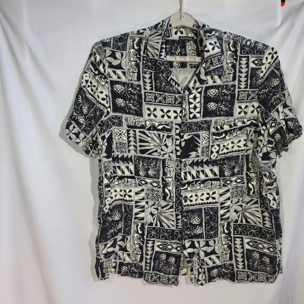 George Tribal Pineapple Patchwork Short Sleeve Hawaiian Camp Shirt Black L